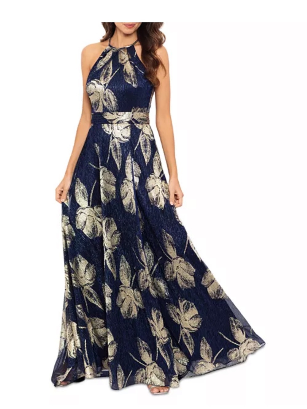 Aqua Formal Navy and Gold Halter Maxi Dress